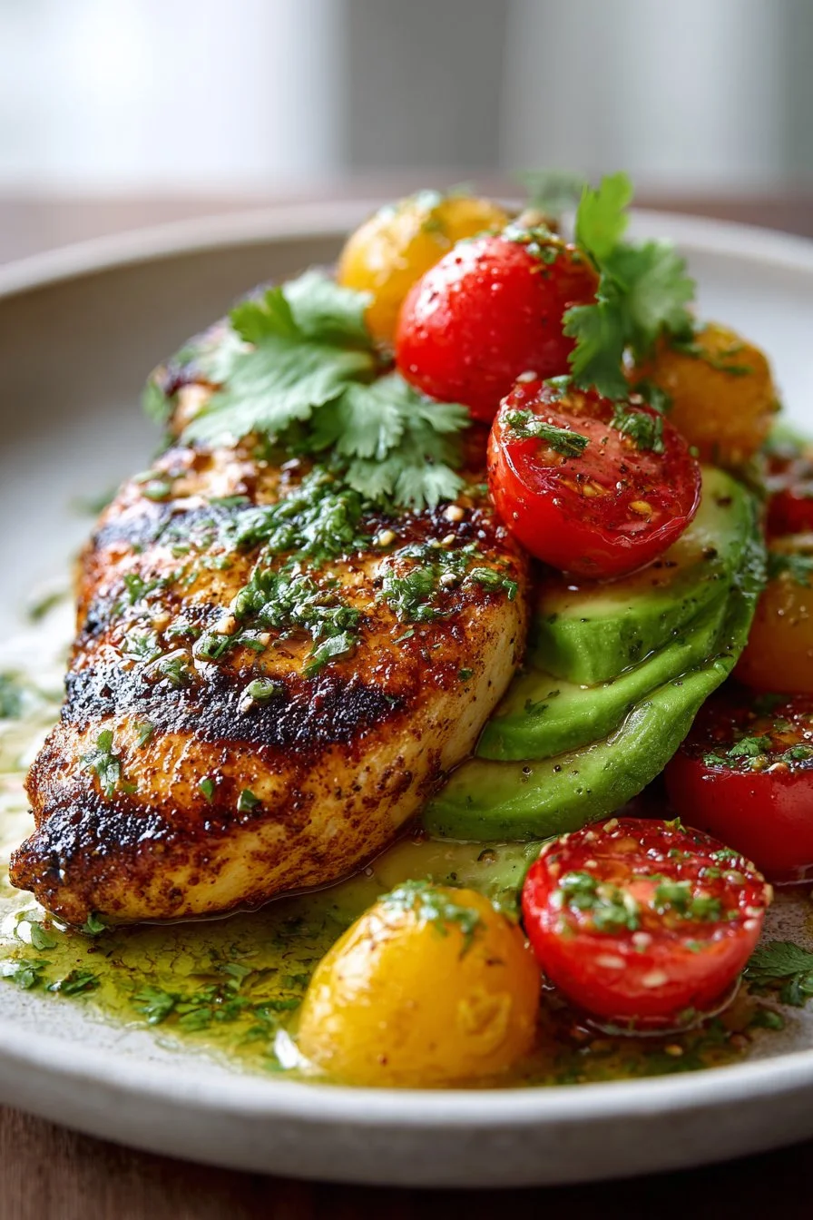 Avocado grilled chicken skillet topped with lime and fresh herbs