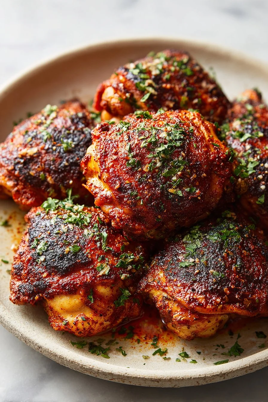Easy Chicken Old Bay Thighs served with roasted potatoes and green beans