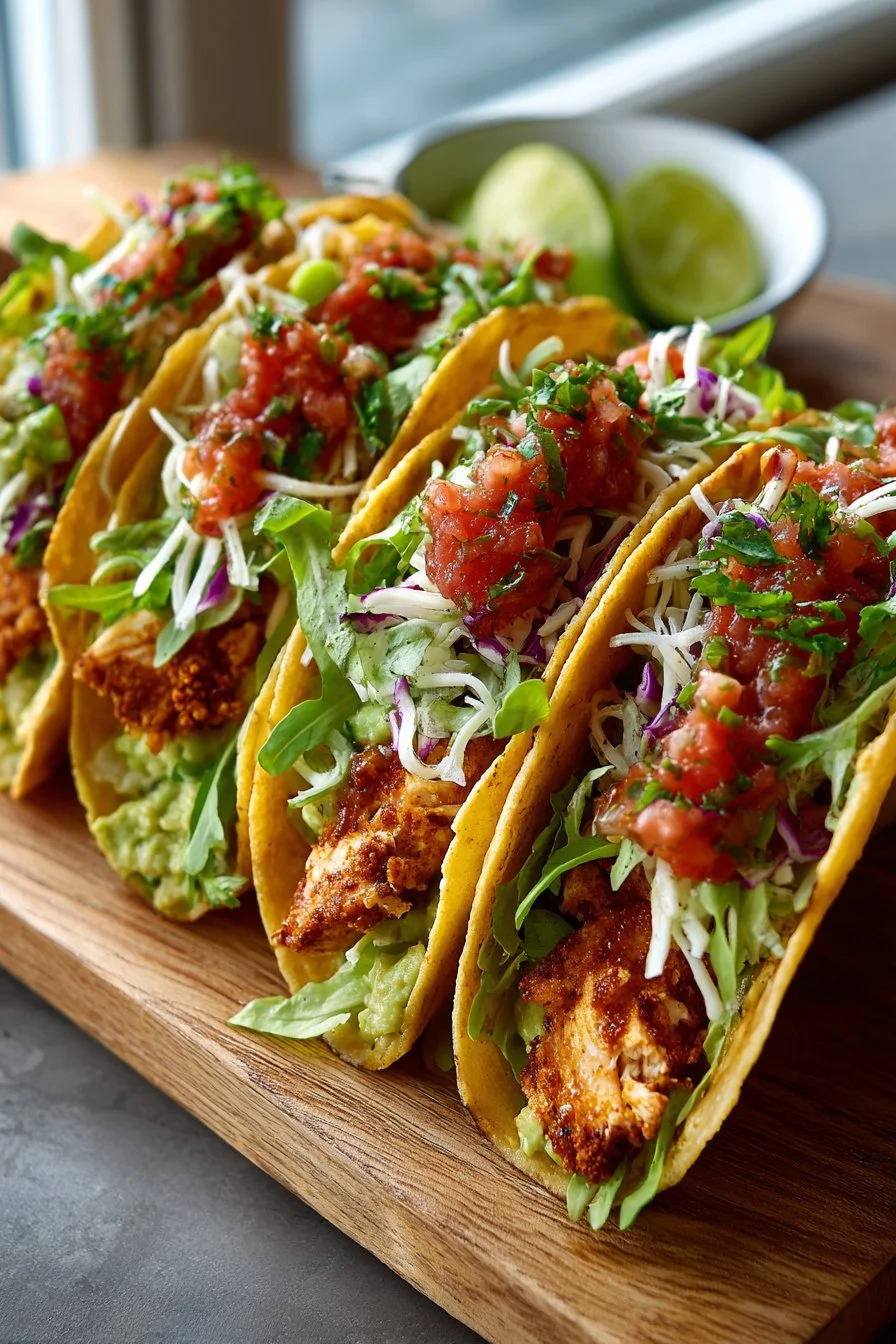 Plate of easy crispy chicken tacos ready for a family dinner