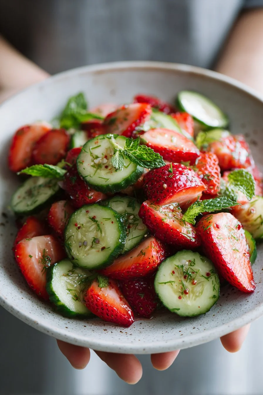 Cucumber strawberry salad served in a bowl with fresh ingredients on a summer night.