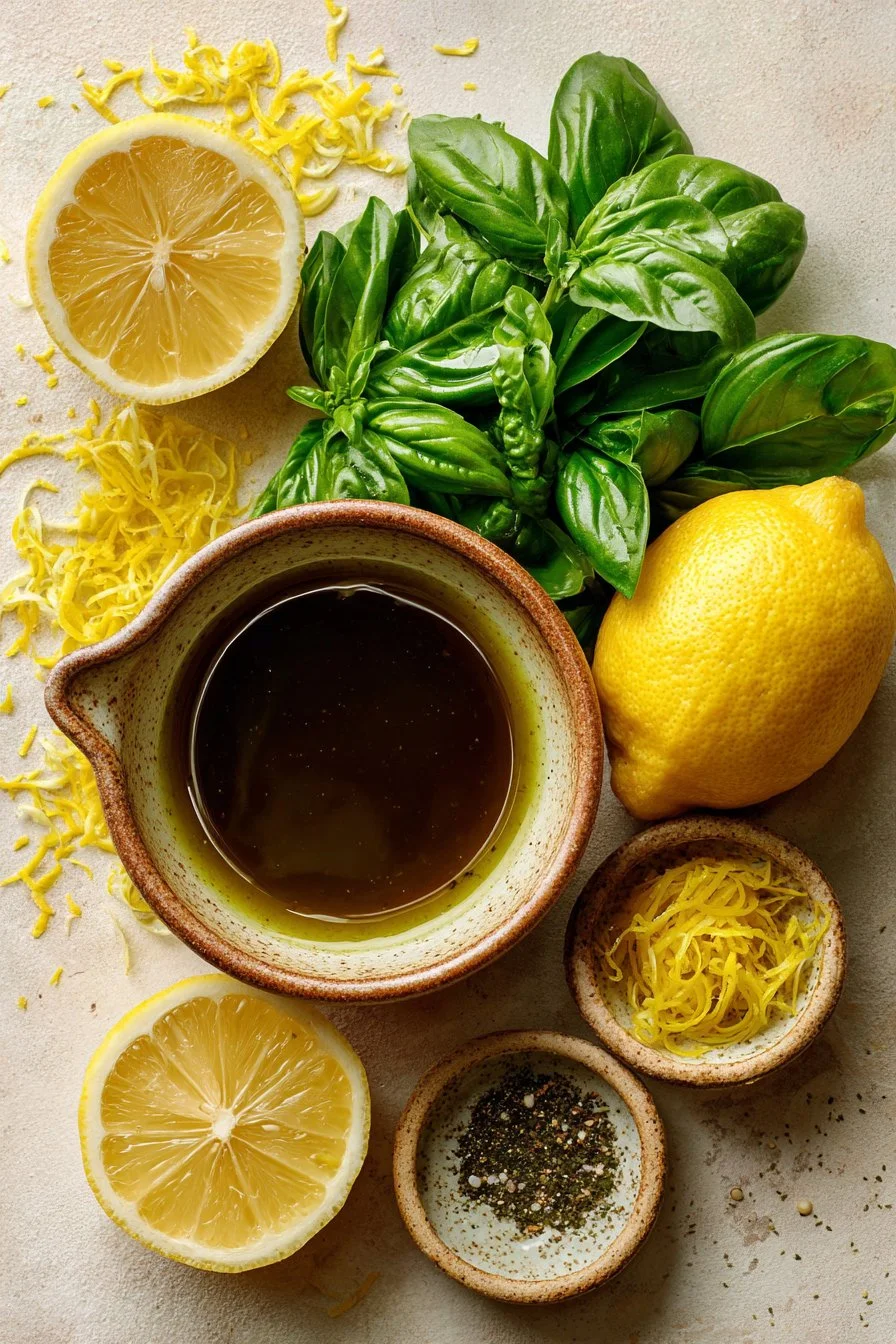 Homemade lemon basil vinaigrette drizzled over a fresh salad