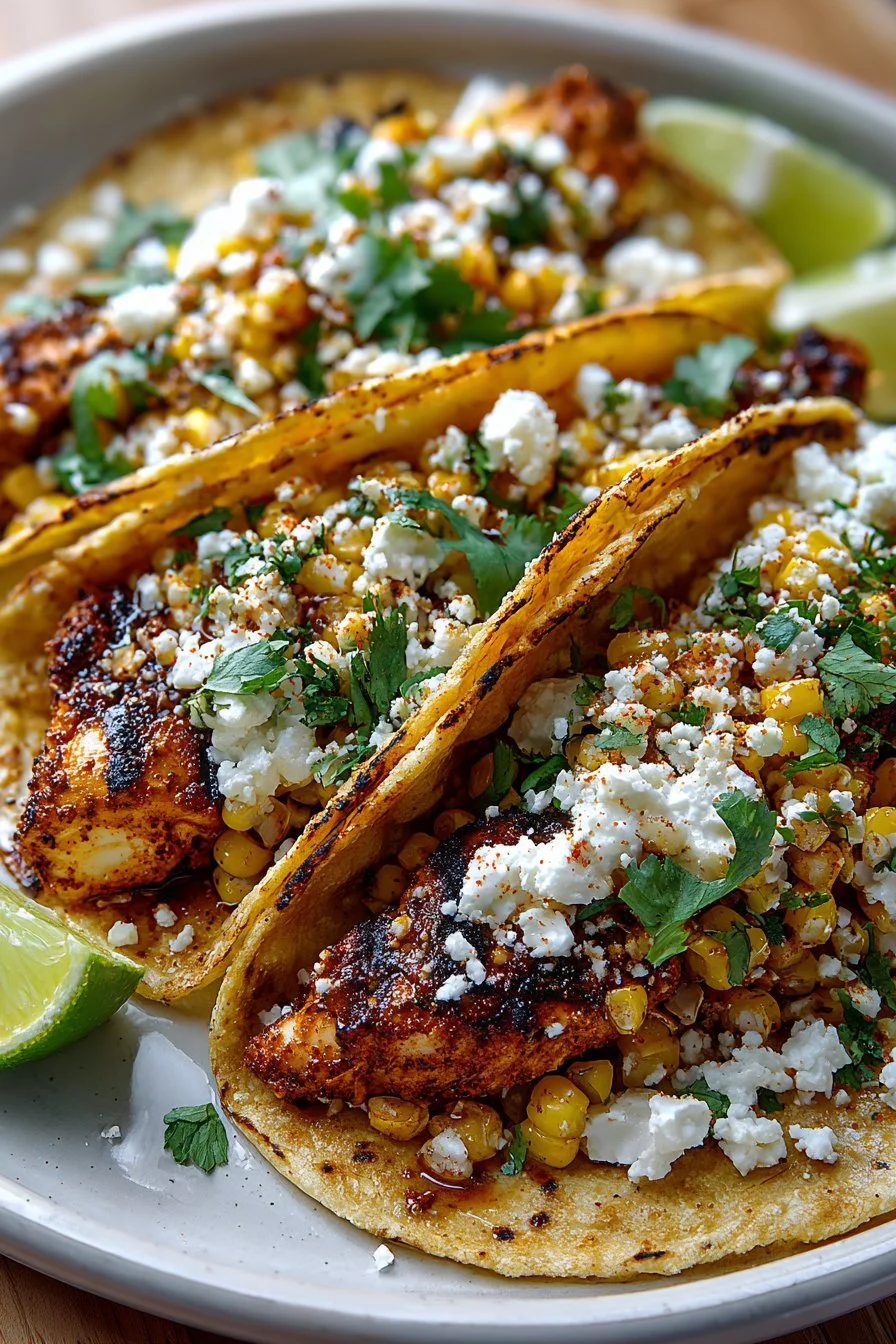 Delicious chicken tacos with street corn and creamy lime sauce ready to serve.