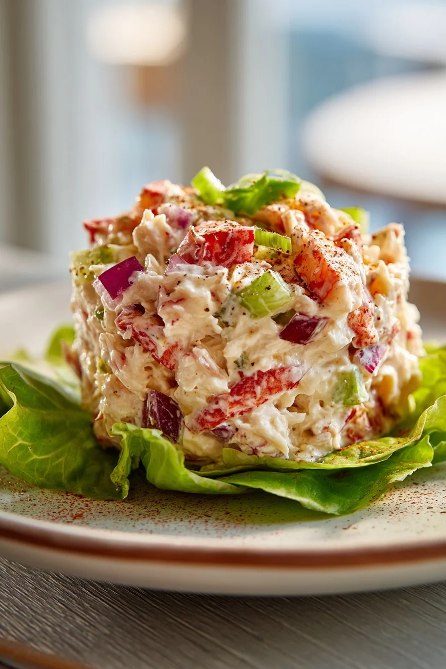 Fresh crab salad with vegetables and dressing on a plate