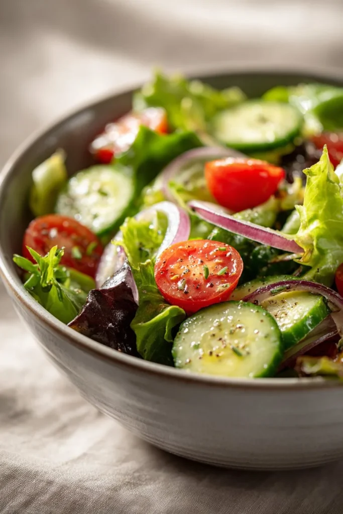 Colorful garden salad with mixed greens, tomatoes, cucumbers, and dressing