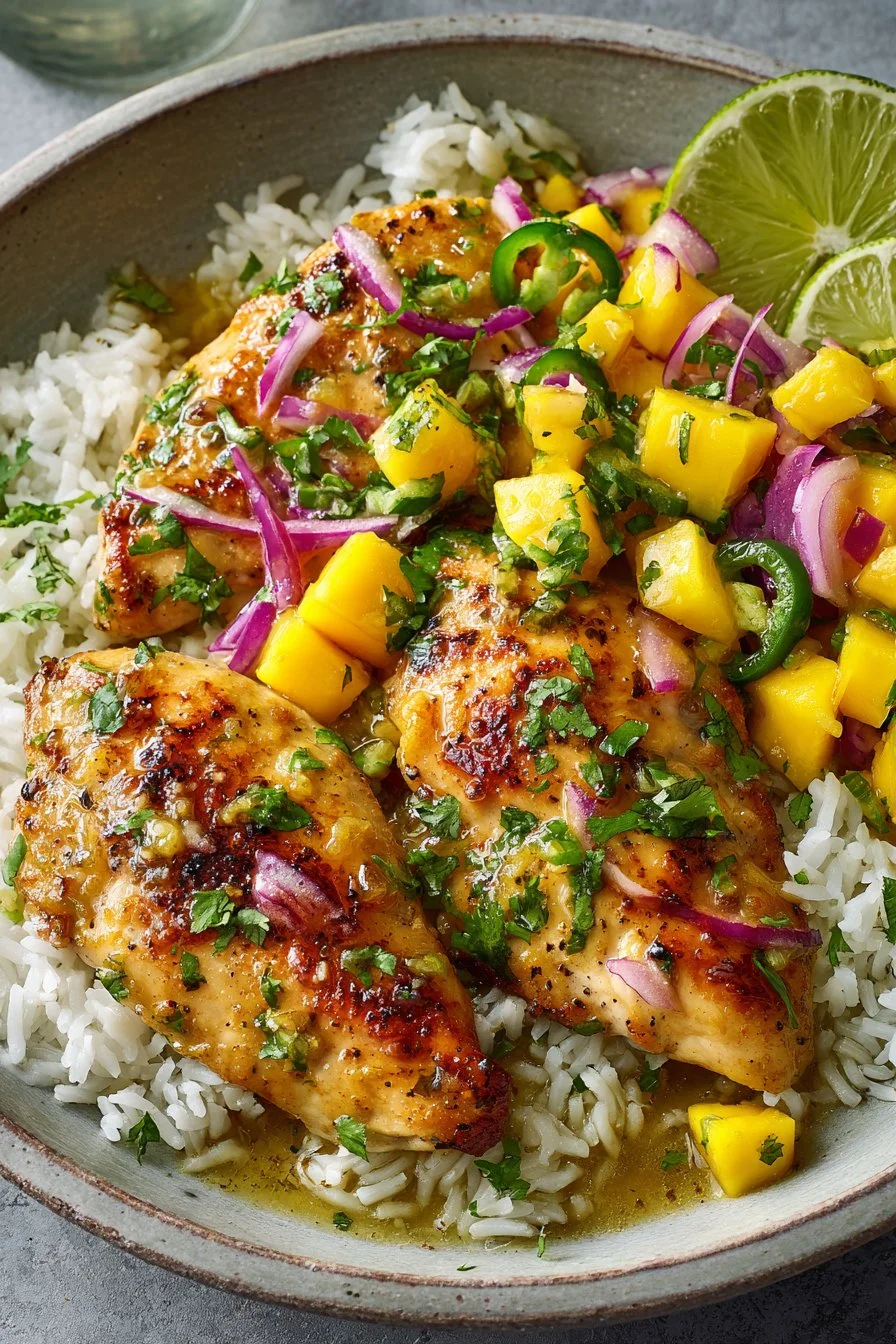 Honey Lime Chicken with mango salsa in a skillet for a delicious dinner