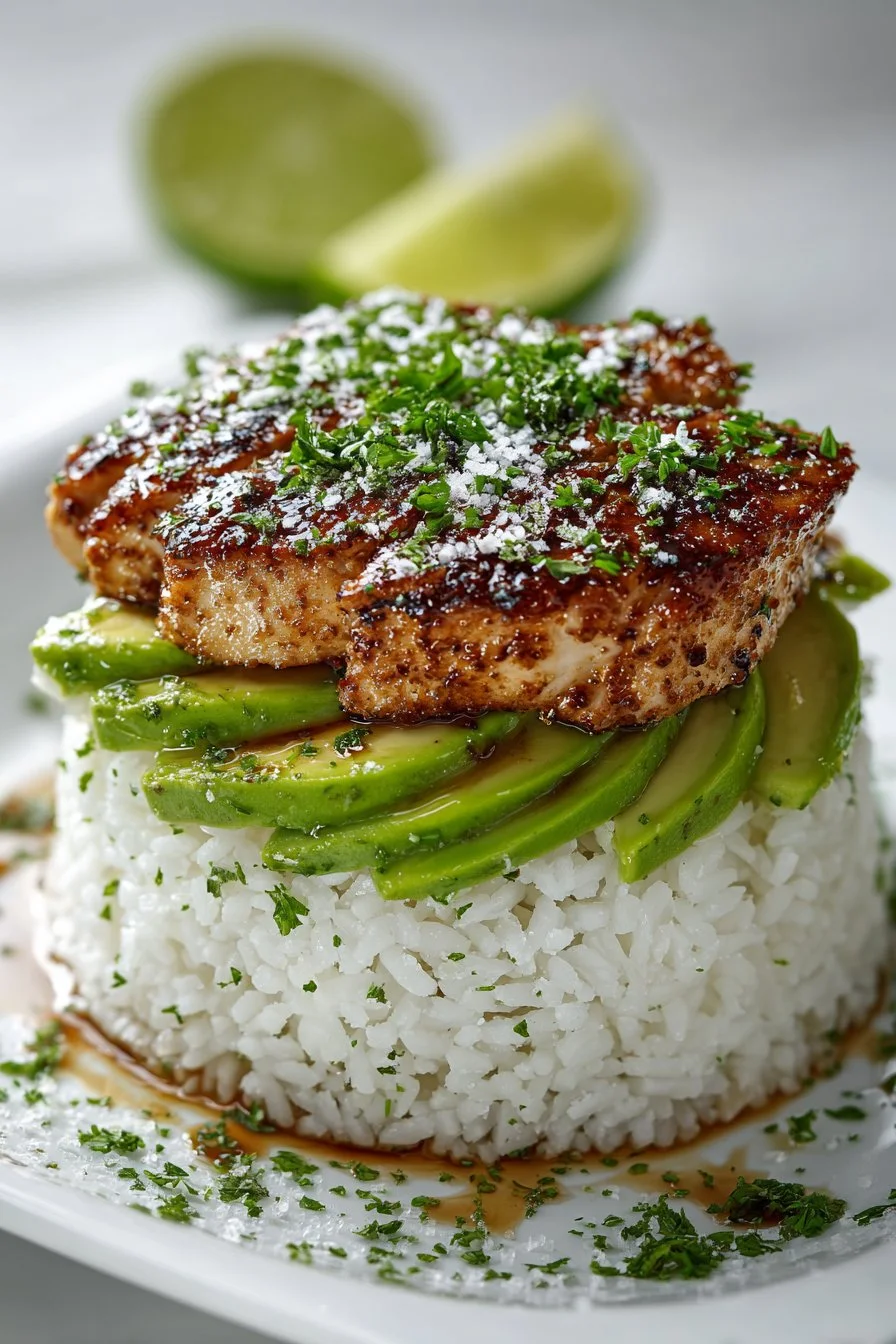 Honey Lime Chicken served over an avocado rice stack for a flavorful dinner
