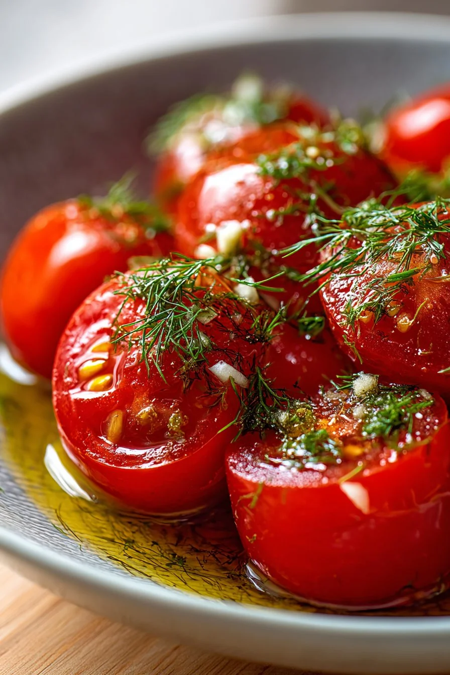 Delicious marinated tomatoes served in a bowl, bright and flavorful.