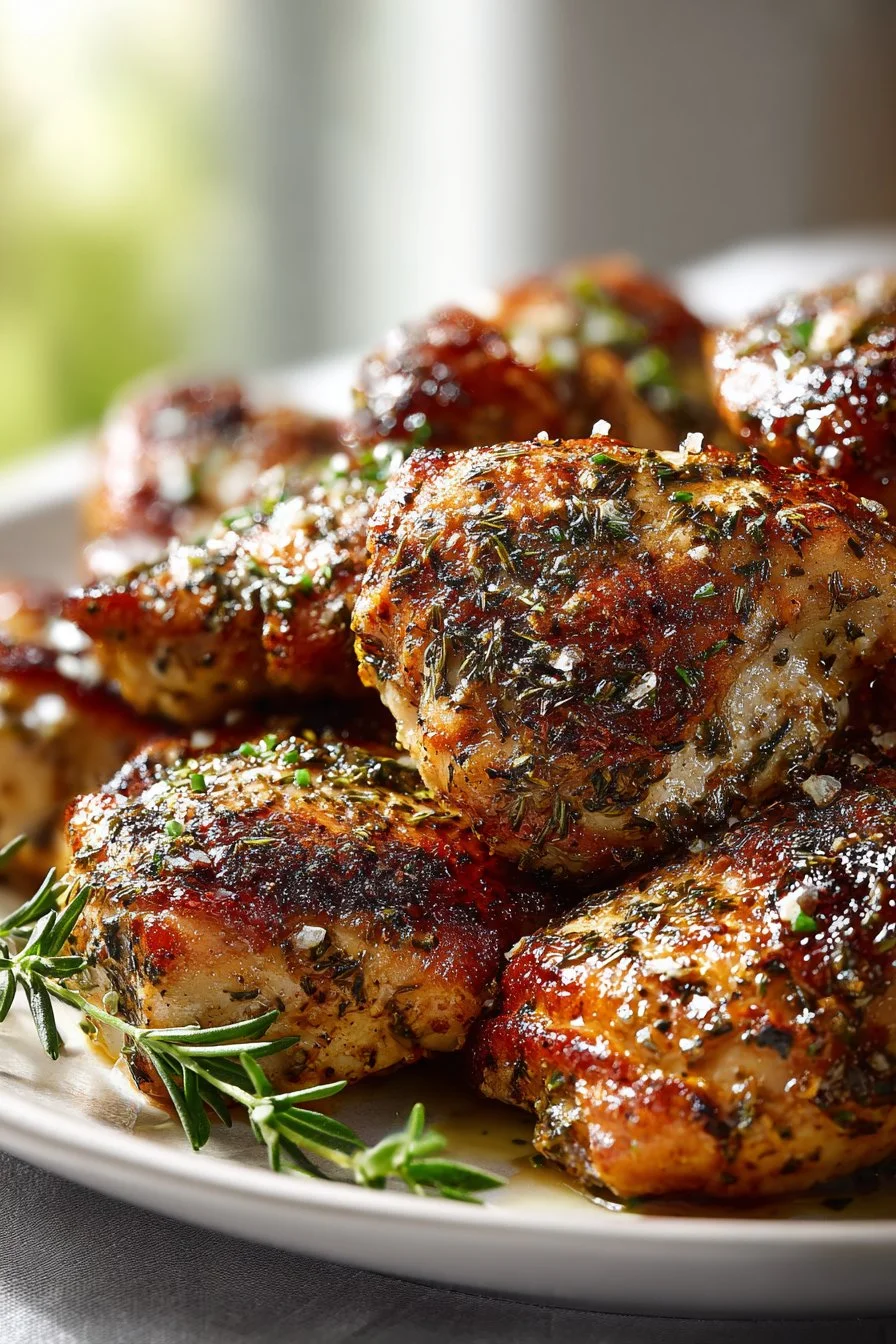 Delicious oven baked chicken thighs garnished with herbs, served on a plate.